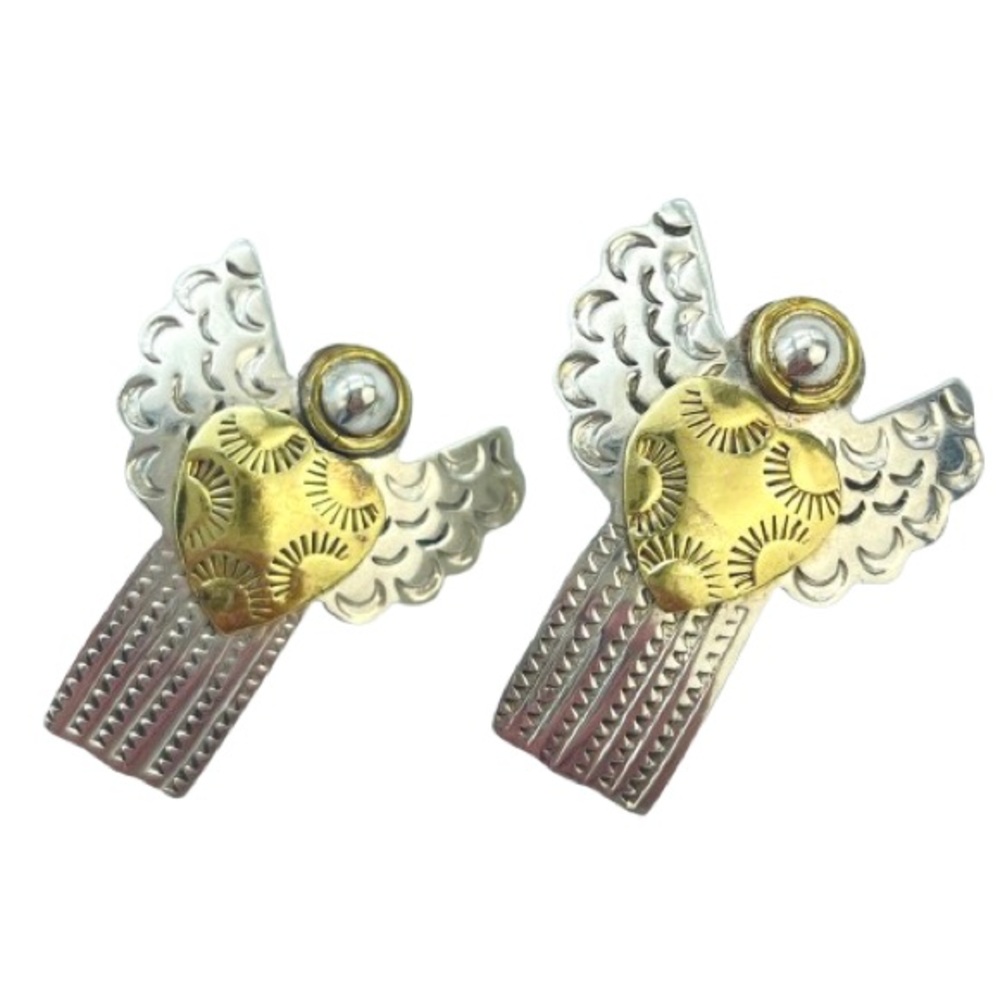 Silver Large Angel & Brass Heart Pierced Earrings | Folk Art Jewelry | Sterling